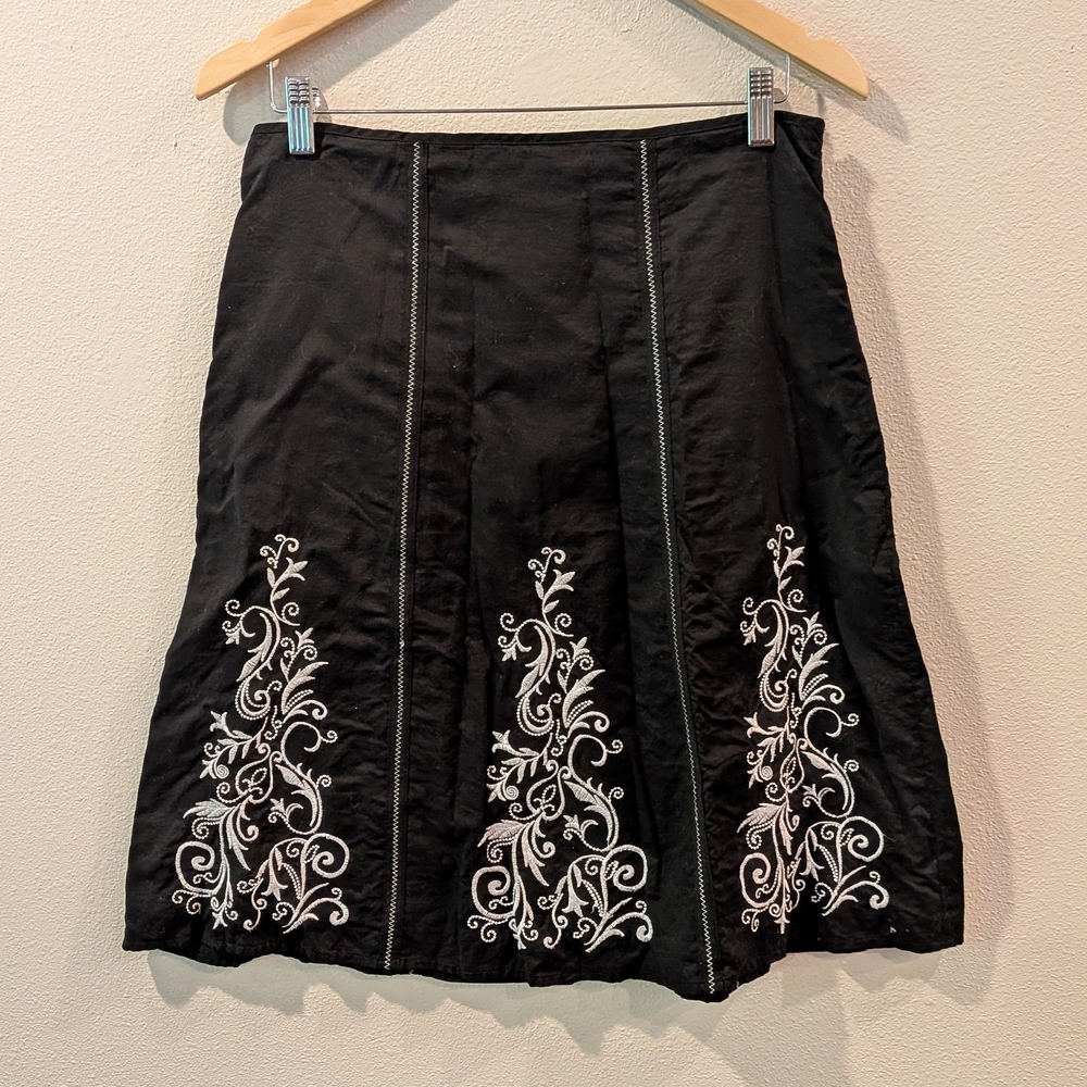 George Black A-Line Skirt with White Embroidery